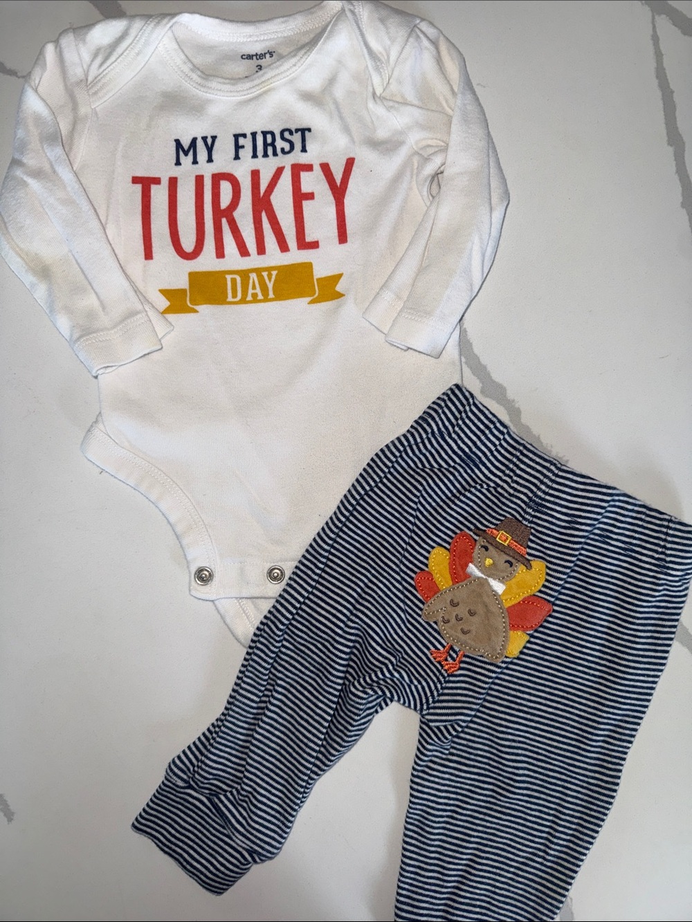 Carter's White Long-Sleeve Bodysuit and Navy Striped Turkey Pants